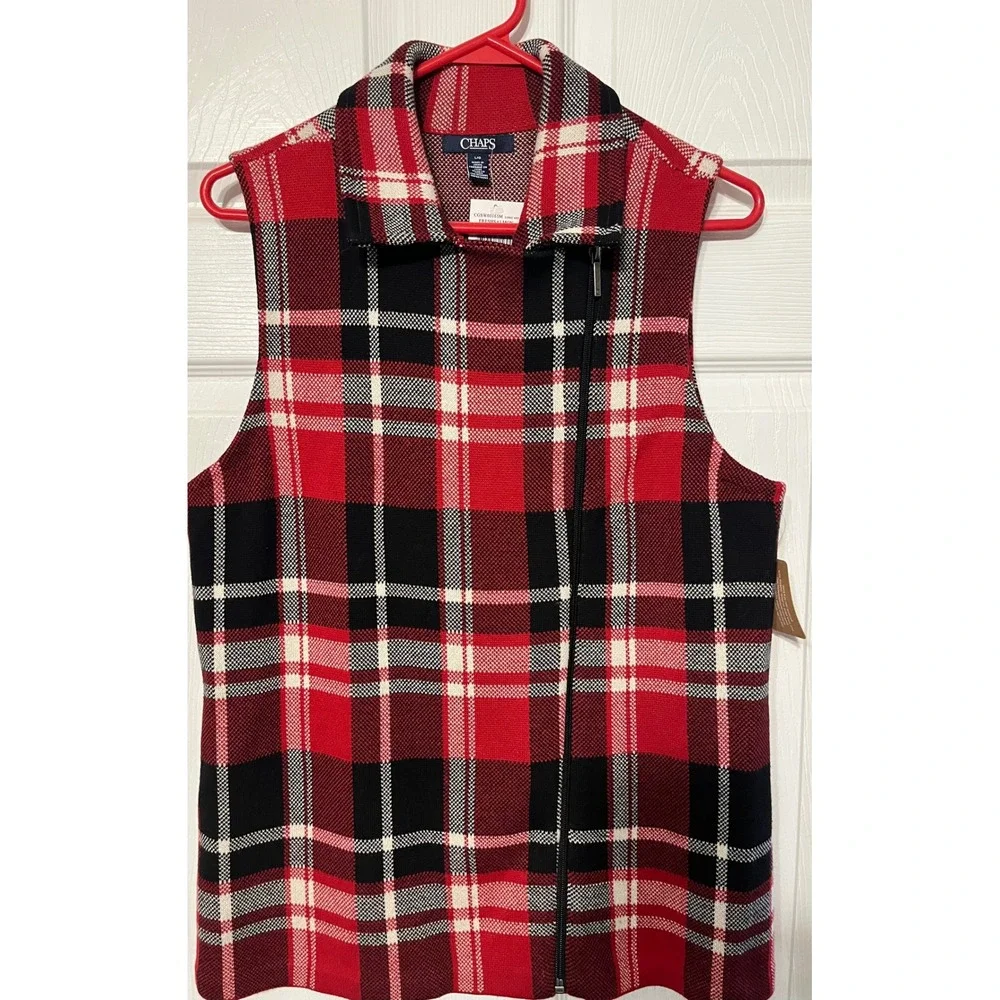 Chaps Womens Plaid Vest Sleeveless Top Collared Full Zip Red Black‎ White L/G